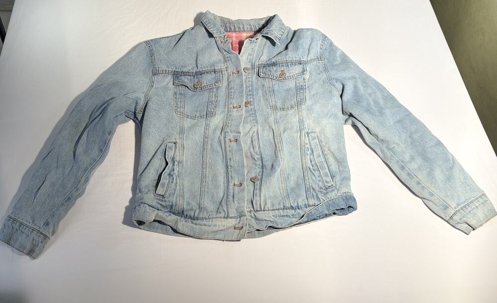 Forever 21 Light Wash Denim Jacket Pink Plaid Lined Trucker M
